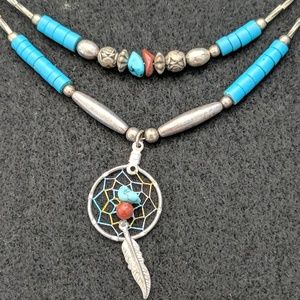 Silver and turquoise dream catcher necklace